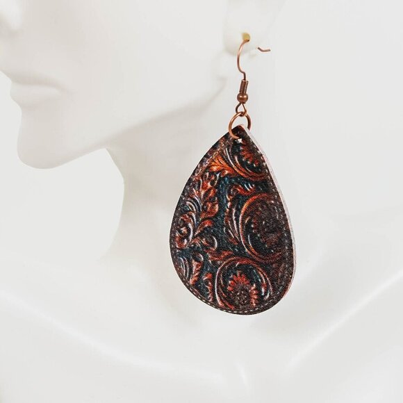 Bohemian Teardrop Earrings - Floral Print Faux Leather, Antique Bronze Finish - Picture 5 of 5